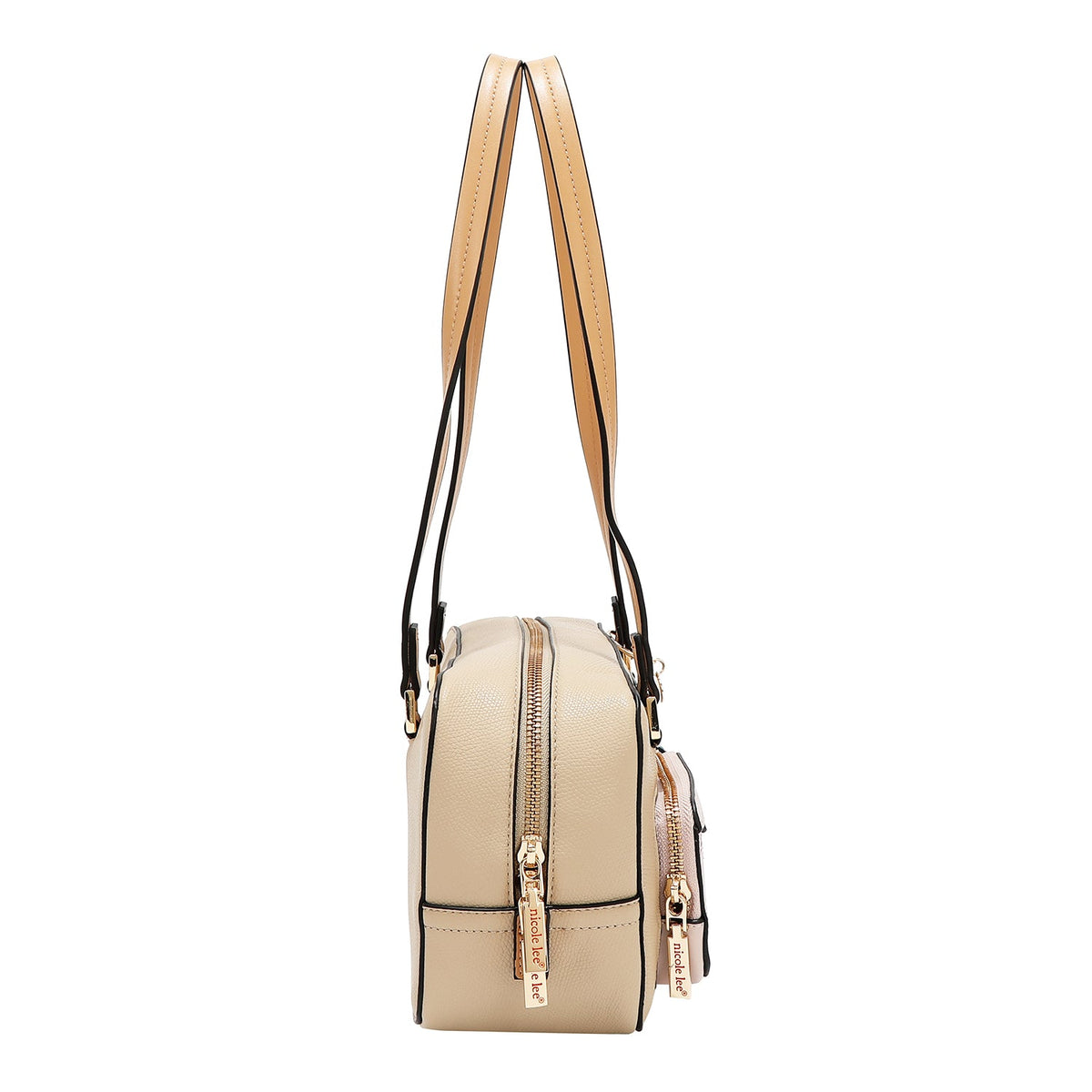 BOLSO DE HOMBRO CON BOLSILLO Y BLOQUES DE COLOR (TAUPE)