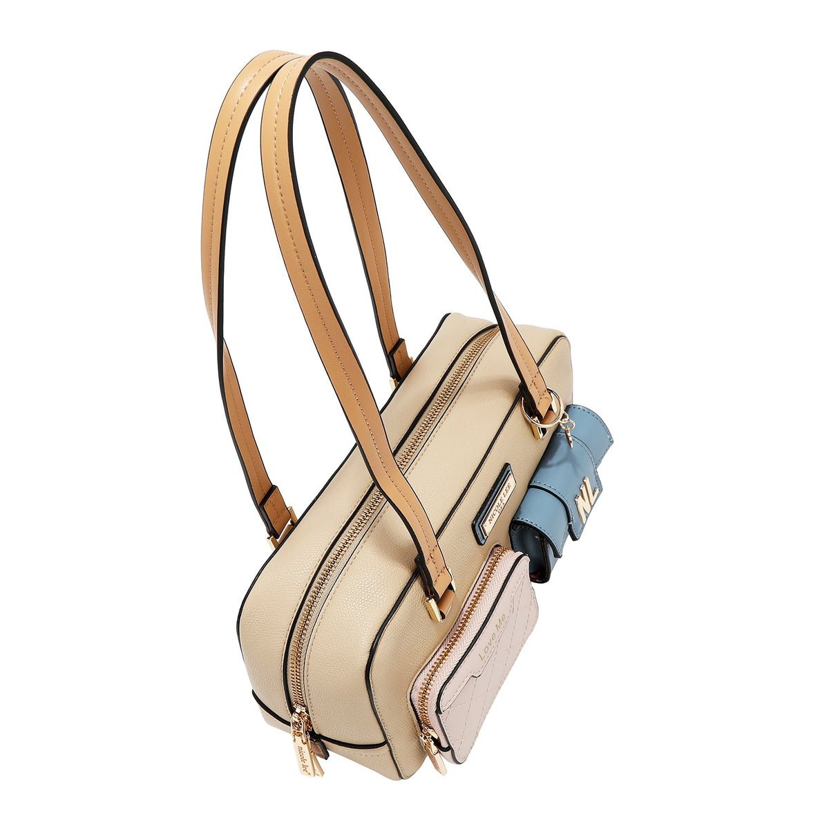 BOLSO DE HOMBRO CON BOLSILLO Y BLOQUES DE COLOR (TAUPE)